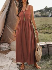 EMERY ROSE 女式夏季纯色方领无袖长款休闲连衣裙 - 鏽棕色 - 查看 6