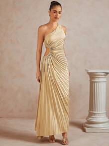 L'Amorae Asymmetric One Shoulder Satin Pleated Dress With Cut Out - Khaki - View 6
