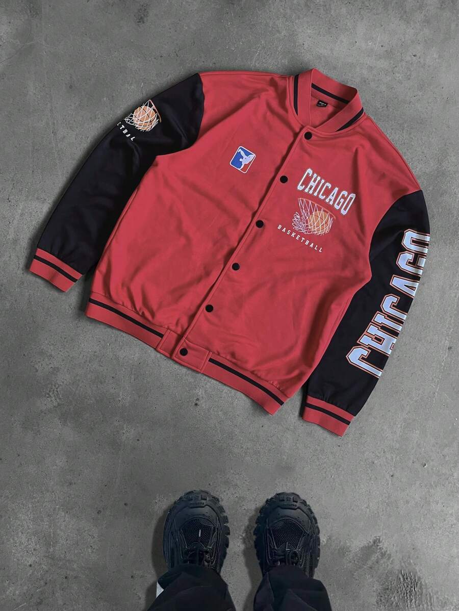 Manfinity Sporsity Men's Contrast Color Simple Printed Long Sleeve Jacket Coat