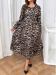 SHEIN Essnce Plus Size Leopard Print A-Line Pocket 3/4 Sleeve Dress - Coffee Brown - View 6