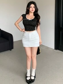 DAZY Áo thun ngắn tay chấm bi mùa hè dành cho nữ có trang trí nơ - màu đen - Xem 10