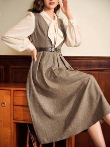 Vintamour Vintage Elegant Ladies' Fitted Belted Midi Dress With Pleated Hem Tall Women Fall Women Clothes Long Dress Winter Women Clothes Old Money Renaissance Dress Business Casual Women 90s Outfit Homecoming Dresses Fall Wedding Guest Dress Midi Women Dresses Renaissance Fair Thanksgiving Dress Business Women Clothes Old Money Dresses For Women Elegant