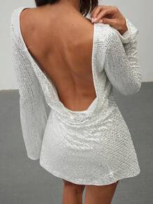 Aloruh 女士夏季性感舞会晚宴闪光截角华丽亮片夜总会派对闪亮水钻首饰女士紧身裹身迷你连衣裙 - 白色 - 查看 3