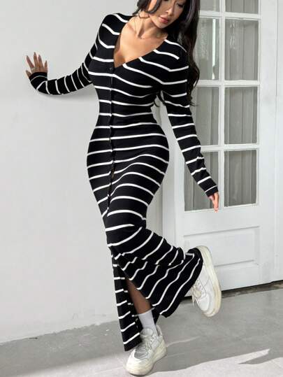 SHEIN EZwear 黑白条纹长开衫，修身，秋冬，长袖上衣