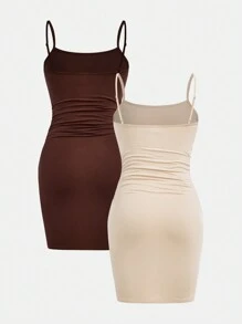 SHEIN 2pcs/Set Teen Girl's Knitted Ruched Camisole Casual Dress - Khaki - View 2