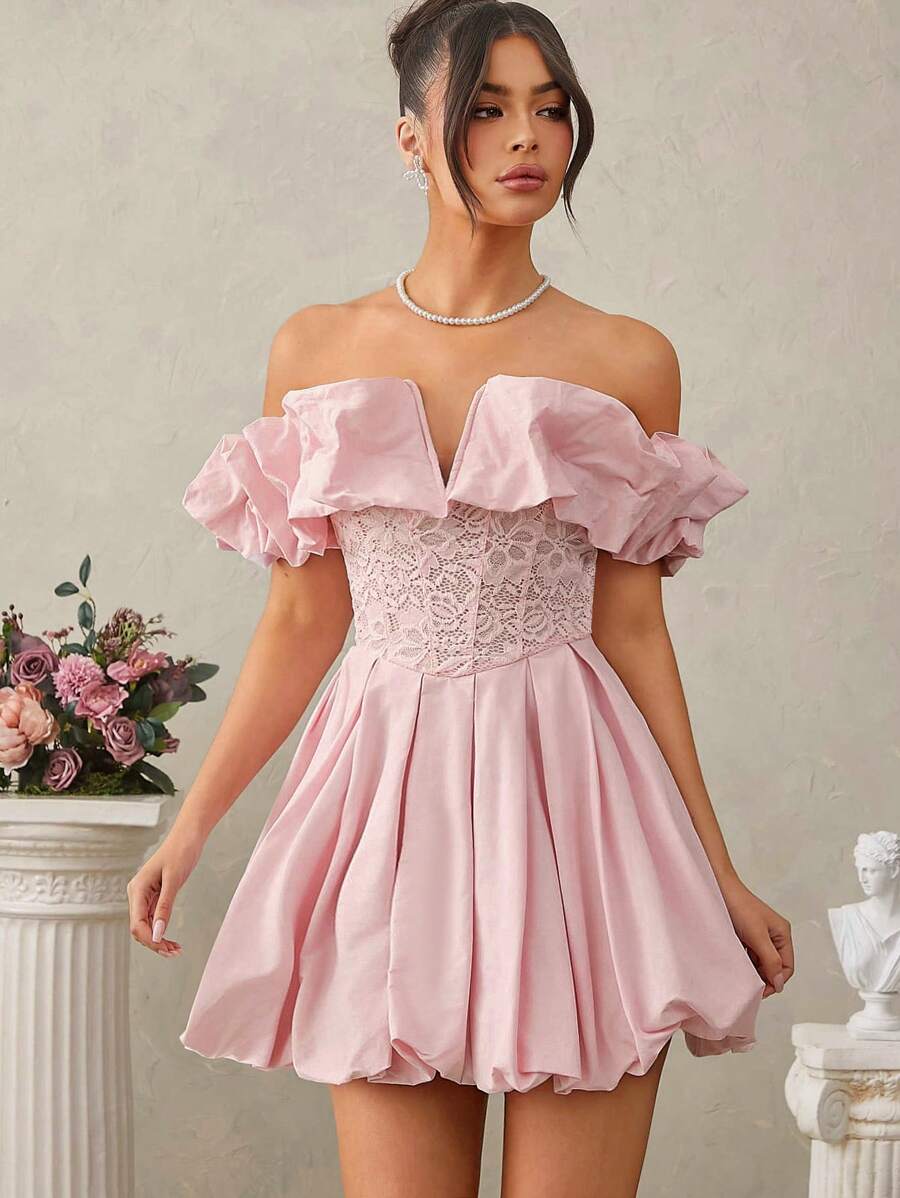 SHEIN Unity Off The Shoulder Dress With Lace Center And Bubble Hem - Dusty Pink - View 1