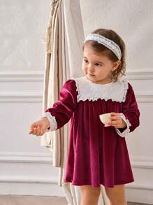 SHEIN 女宝宝春秋休闲拼色花朵刺绣连衣裙