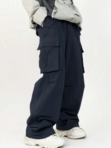 Manfinity Hypemode Men's Casual Cargo Pants With Flap Pockets And Drawstring Waist - Navy Blue - View 1
