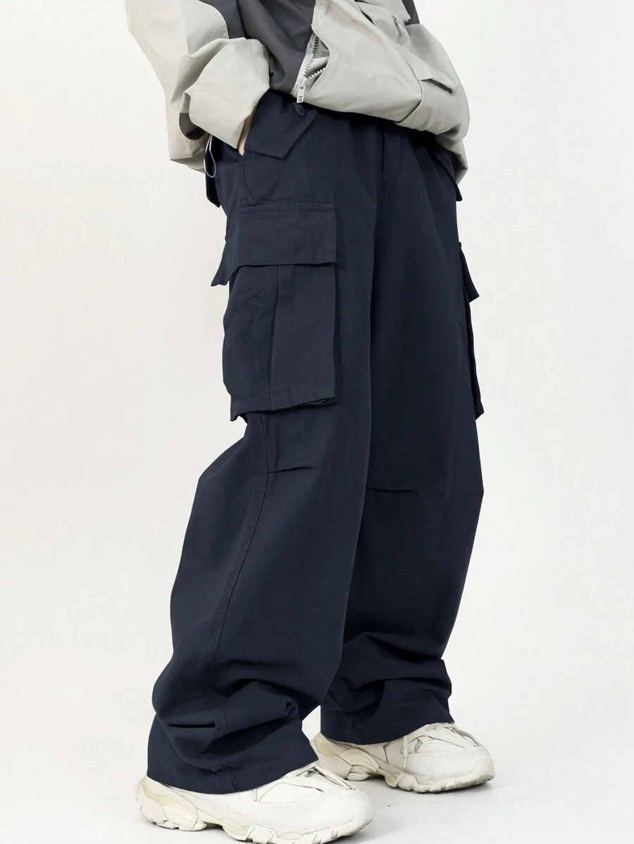 Manfinity Hypemode Men's Casual Cargo Pants With Flap Pockets And Drawstring Waist - Navy Blue - View 1