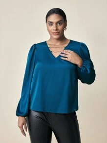 BizChic Plus Size Women Elegant Solid Woven Patchwork Chain Print Lantern Sleeve Blouse, Spring And Summer - Blue - View 7