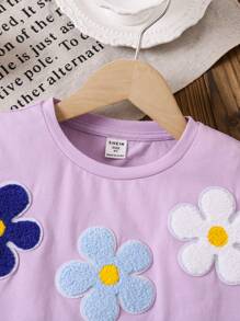 SHEIN LMoss Kids LMoss 年轻女孩宽松可爱花卉印花短袖圆领落肩 T 恤 - 紫色 - 查看 3