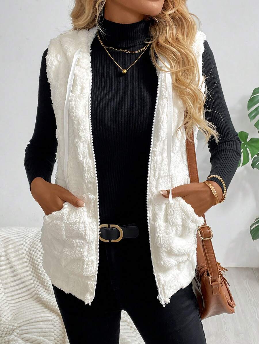 SHEIN LUNE 秋冬女士纯色纹理无袖连帽休闲日常夹克 - 白色 - 查看 1