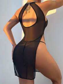 2pcs/Set Black Sexy Split Hem Nightgown - Black - View 2