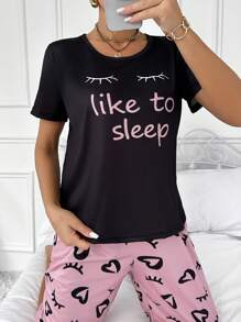 2pcs Women's Letter, Eyelash & Heart Print Short Sleeve T-Shirt And Capri Pants Pajama Set - Multicolor - View 3