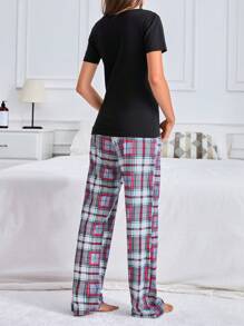 RueChic 2Pcs  Lace Detail Top And Plaid Printed Long Bottom Lounge Set - Black - View 2