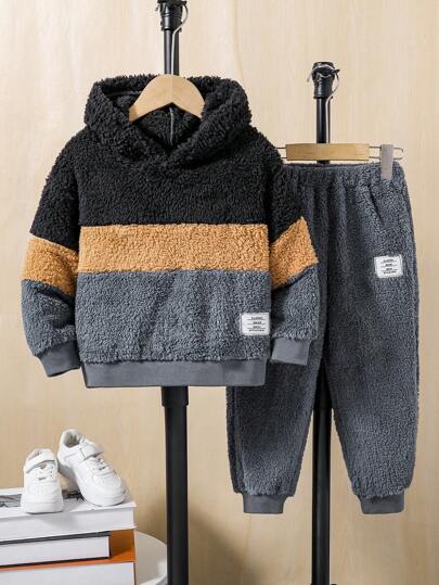 2 件套年轻男孩毛绒连帽运动衫和慢跑裤，多色可选，舒适透气，适合日常穿着、户外、学校、秋冬季