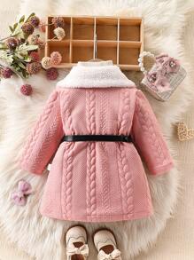 Baby Girl Warm Textured Collar Fashion Jacquard Pattern Elegant Mid-Length Outerwear, For Outdoor Play In Autumn/Winter