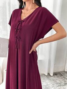 Al Najma 酒红色 V 领蝴蝶结吊带优雅曼妙连衣裙 - 酒紅色 - 查看 7