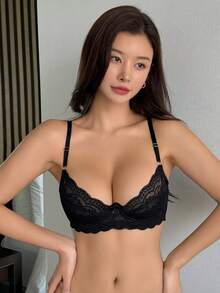 DAZY 女士蕾丝对比性感透明聚拢文胸 - 黑色 - 查看 6