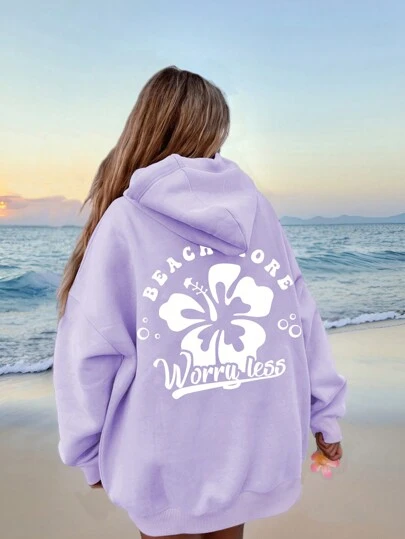 Sparklyn Tween Girl 花卉字母印花超大落肩长袖休闲连帽运动衫，秋冬