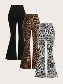 SHEIN EZwear 3pcs Women Leopard & Zebra Print Elastic Waist Flared Tight Pants Set, Suitable For Spring, Summer, Autumn