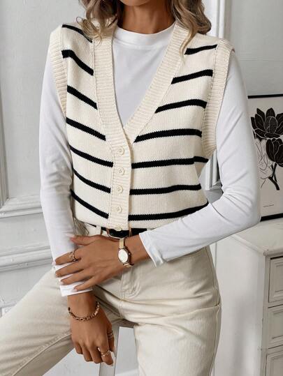 Chiquease Colete de cardigã aberto listrado versátil estilo francês