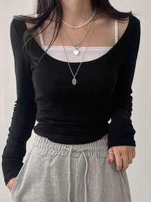 DAZY Dames lente/zomer casual 2 in 1 lange mouw T-shirt, colorblock T-shirt