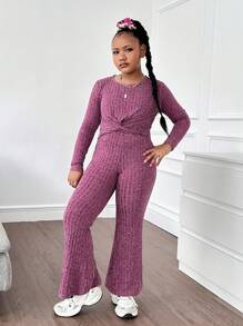 SHEIN Tween Girls Extended Size Fitted Casual Crew Neck Twist Front Top And Flare Pants 2pcs Set