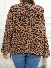EMERY ROSE Plus Size Women's Leopard Print Reversible Fleece Hoodies Jacket, Autumn/Winter - Brown - View 2