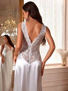 Lace Patchwork Silk-Like Backless Pajama Night Long Dress - White - View 2
