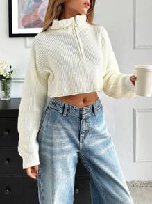 RueChic Women's Casual Loose Fit Zip-Up Ribbed Knit Sweater, Autumn/Winter - White - View 6