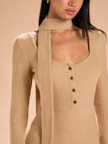 SHEIN SXY 高领长袖紧身秋季连衣裙，适合秋季女士服装 - 卡其色 - 查看 5