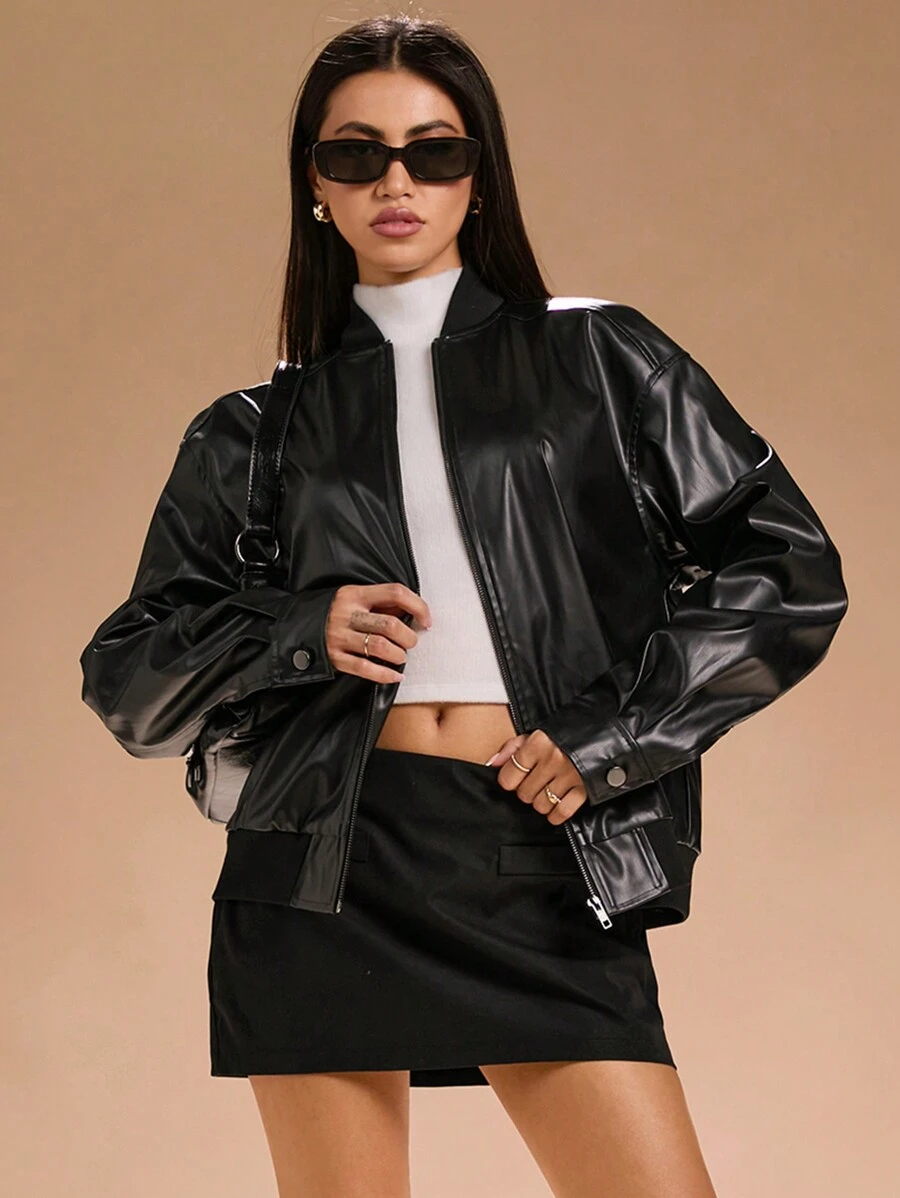 SHEIN SXY 秋季女装 宽松口袋女士皮夹克 
冬季外套 - 黑色 - 查看 1