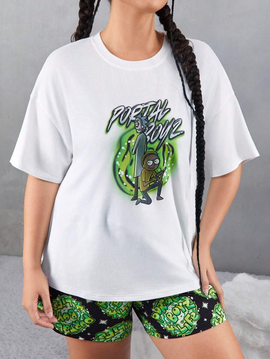 Rick and Morty X SHEIN Plus Size Casual Y2K Streetwear Dark Green & White Simple Line Graffiti Print Size Short Sleeve T-Shirt And Shorts Pajama Set - Multicolor - View 1