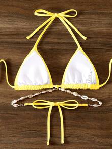 SHEIN Swim 女士纯色露背系带比基尼上衣，休闲度假夏季 - 黃色 - 查看 3