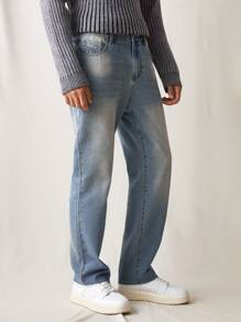 Manfinity Hypemode Vintage Y2K Washed Blue Distressed Men Straight Leg Jeans With Faded Effect - Light Wash - View 5