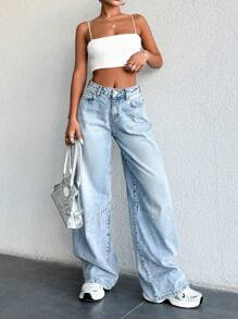 EURMUSE 100% Cotton Front Button, Multi-Pocket, Light Blue Low Waist Wide Leg Pants For Casual Daily Wear - Baby Blue - View 7