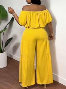 Slaydiva 2 piezas Conjunto de top corto casual con hombros descubiertos y pantalón de pierna recta talla grande, verano, amarillo - Amarillo - Ver 2