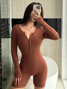 DAZY Knitted Ribbed Slim Fit Half-Zip Romper Loungewear - Brown - View 1