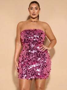 SHEIN BAE Váy liền thân hở lưng lấp lánh gợi cảm cỡ lớn mùa hè, váy màu hồng nóng bỏng, váy dạ hội ngắn, trang phục lễ hội, váy Halloween, váy ngắn gợi cảm cho tiệc lễ hội và quán bar - Hồng - Xem 2