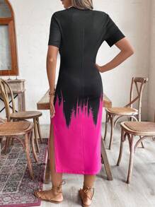 SHEIN LUNE Vestido de mujer con cuello redondo y detalles a dos tonos con cinturón, manga corta y abertura alta. Elegante y gracioso - Rosa Fucsia - Ver 2