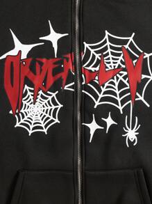 Manfinity EMRG 男士宽松蜘蛛印花拉链连帽运动衫，带保暖内衬，长袖拉链连帽衫，适合送给朋友、丈夫、男朋友的礼物 - 黑色 - 查看 4