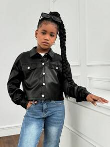 SHEIN Tween-Mädchen Lässig Schwarz Kragen Tasche Metall Schnalle PU Kurze Bomberjacke