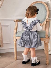 SHEIN Conjunto de vestido con dobladillo de volantes a cuadros y top de manga larga sólido casual de primavera/otoño para niña bebé - Blanco y Negro - Ver 2