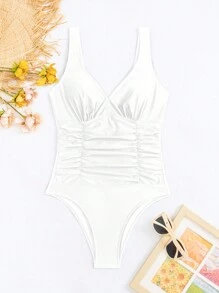 Swim Basics Women's Ruched Sleeveless One-Piece Bathing Suit, Stylish And Sporty Summer - White - View 7