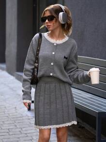 EURMUSE 蝴蝶结细节百褶裙和开衫