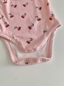 SHEIN LMoss Kids Baby Girl's 3pcs Casual Knitted Cartoon Print Sleeveless Bodysuit With Buttons, Summer - Pink - View 3