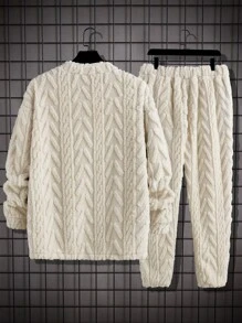 Manfinity Homme 男士圆领长袖简约卫衣和前系带休闲裤休闲装，两件套卫衣套装，男士针织两件套，舒适服装，秋冬服装 - 杏色 - 查看 2