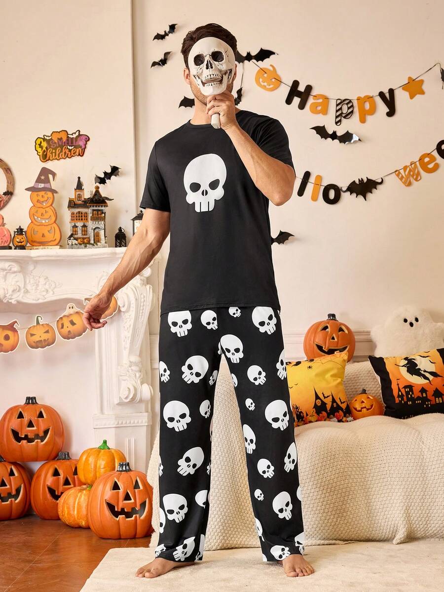 Juego de pijama cómodo con patrón de calavera para hombres, que combina con la familia para Halloween - Negro - Ver 1