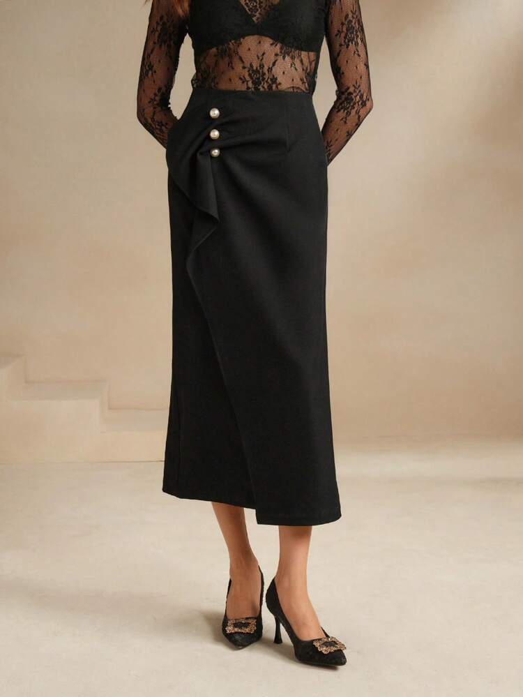 Women High Waist Elegant OL Pleated Asymmetric Side Slit Maxi Skirt